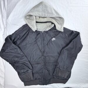 Vintage Nike Black and Grey Men's Hooded Reversible Fleece Jacket Size XL